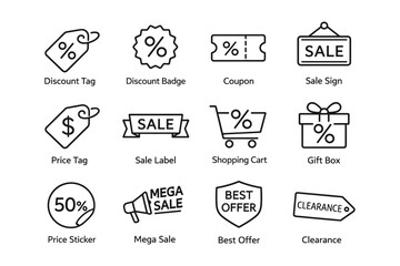 Fototapeta premium Discount tags and sale icons: coupon, badge, cart, label, gift box