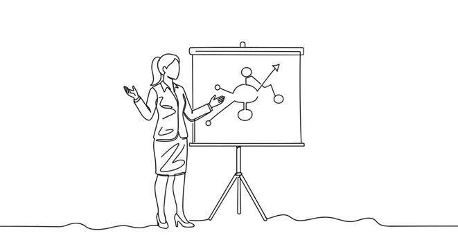 Line drawing of a woman presenting a chart on a flipboard in a professional setting on a transparent background