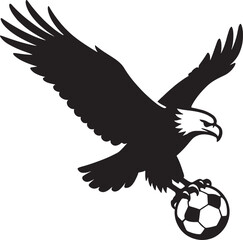 Obraz premium Silhouette of an eagle soaring with a soccer ball in its talons, powerful imagery, solid black, pure white background.