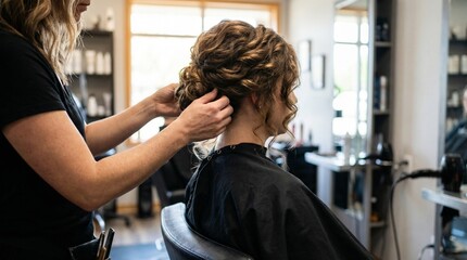 photo of a hairstylist putting up the hair of a client in a salon, professional lighting, detailed hairstyle, high quality