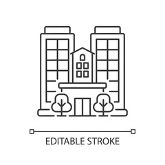 Obraz premium Condominium pixel perfect linear icon. Tall building. High house. Skyscraper complex. Thin line customizable illustration. Contour symbol. Vector isolated outline drawing. Editable stroke