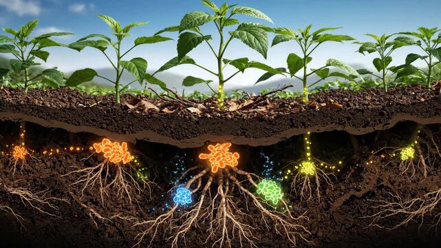 Nitrogen cycle concept in plants, Nitrogen cycle animation showing lightning and bacteria in soil
