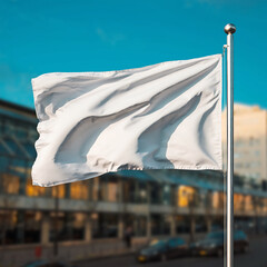 Flag waving mockup on a pole in front of a city building