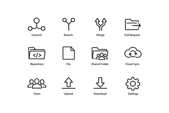 Icons of git workflow: commit, branch, merge, pull request, repository, file, folder, cloud, team, upload, download, settings