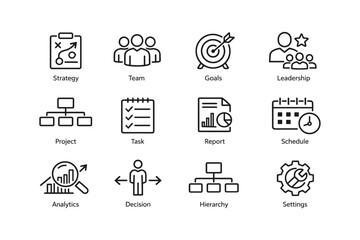 Fototapeta premium Business strategy icon set: team, goals, leadership, project, task, report, schedule, analytics
