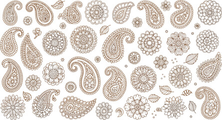Ornamental Paisley Floral Vector Illustration Set with Intricate Henna Style Elements for Textile Prints, Wedding Designs, Decorative Patterns, and Creative Art Projects © Rifat