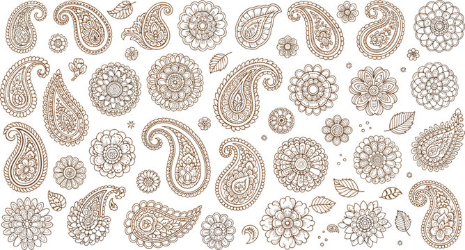Ornamental Paisley Floral Vector Illustration Set with Intricate Henna Style Elements for Textile Prints, Wedding Designs, Decorative Patterns, and Creative Art Projects