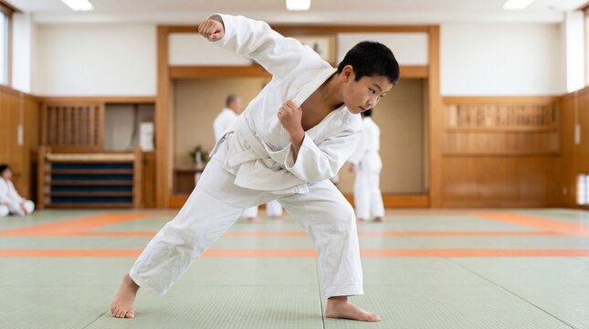 Japanese boy practicing judo throw in dojo with focused expression  