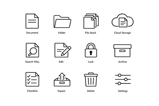 Set of simple line style office and document icons