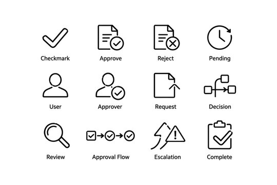 Set of workflow and approval process icons for business management systems
