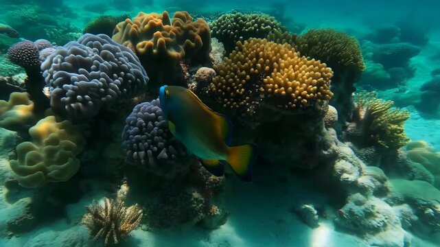 Vibrant coral reef ecosystem with parrotfish swimming in clear turquoise water peaceful underwater scene marine biology colorful coral formations