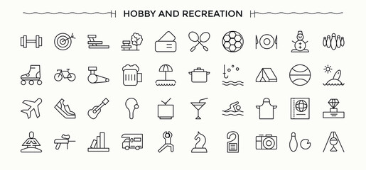 Hobby icon. Activity icon set. Collection of simple line web icons. Contains such icons as fishing, sport, gardening, cooking, cycling, travel and more. Editable stroke.