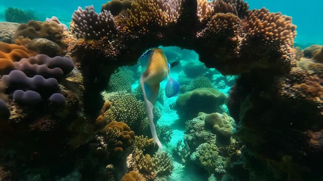 Vibrant coral reef ecosystem with regal tang swimming through coral arch