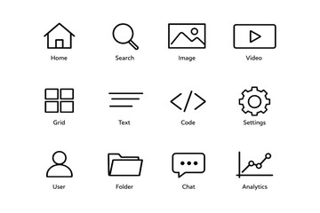 Fototapeta premium Minimalist icon set: home search image video grid text code settings user folder chat analytics