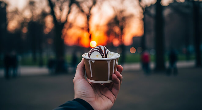 Hand holding ice cream cup with chocolate syrup at sunset in park