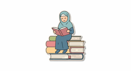 Young Muslim woman wearing hijab happily reading a book while sitting on a stack of books, illustration
