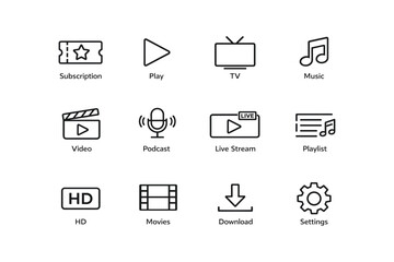 Media icons set: entertainment, streaming, and technology symbols