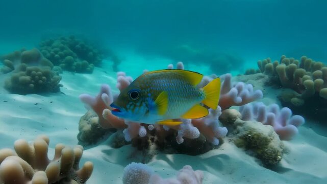 Vibrant damsel fish swimming near coral reef underwater scenery