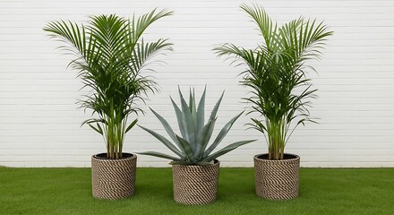 Fototapeta premium Three Potted Tropical Plants Including Two Green Palms and One Blue Agave Against White Fence