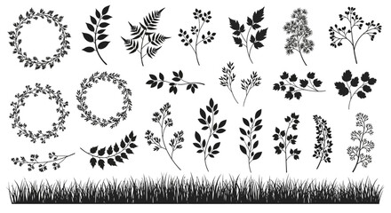 Collection of Whimsical Botanical Silhouettes Vector Illustrations and Grass Field © hana