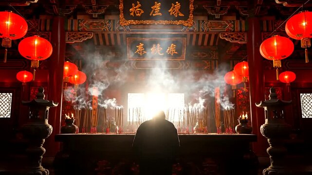 Silhouette of a person praying in a Chinese temple with red lanterns.