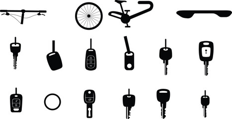Obraz premium Transportation and security icon set with bicycle parts, skateboard, drone and car key silhouettes isolated on white background vector collection