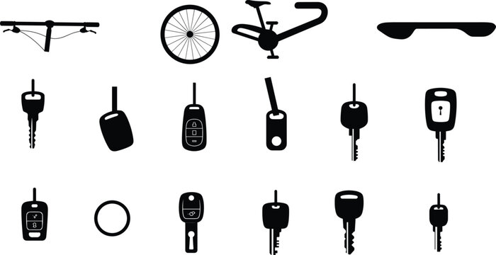 Transportation and security icon set with bicycle parts, skateboard, drone and car key silhouettes isolated on white background vector collection