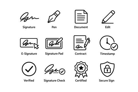 Signature and contract icons: e-signature, document, timestamp, certified, secure sign