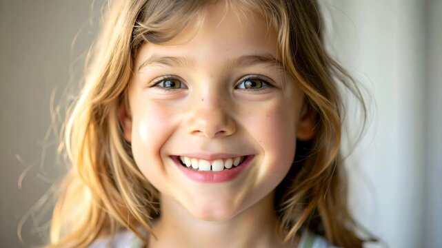 a happy smiling young child with bright eyes, showing innocence, joy and positive emotion, natural light, soft background, representing childhood happiness, family love and wellbeing