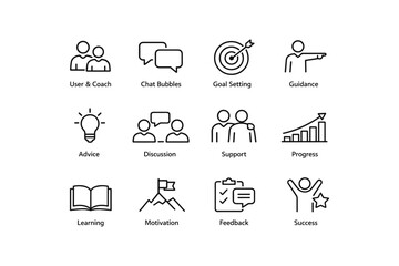 Fototapeta premium Icons representing coaching chat goal setting guidance motivation and success