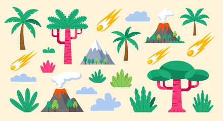 Whimsical Prehistoric Nature Elements, Volcanoes, Meteorites, and Tropical Flora © Perman