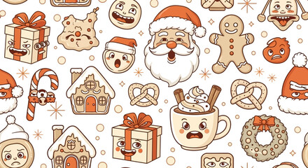 Whimsical Christmas Characters and Symbols Pattern with Festive Holiday Elements
