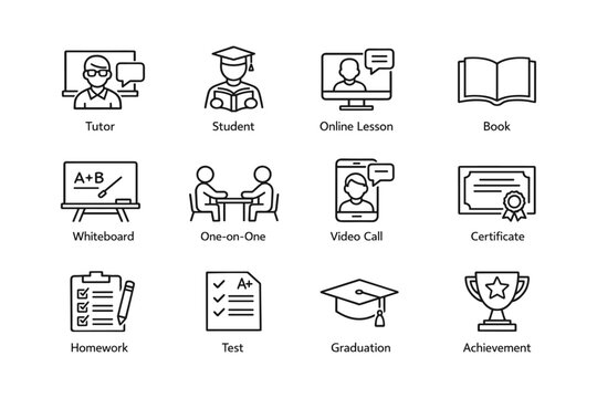 Education and learning icon set featuring tutor and student with graduation and achievement elements