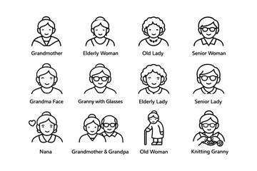 Set of elderly female and male icons depicting grandparents in various styles