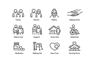 Fototapeta premium Elderly care icons: family support, home visit, medication, wheelchair, heart care