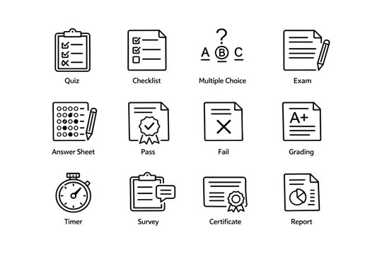 Educational assessment icons: quiz, checklist, multiple choice, exam, certification