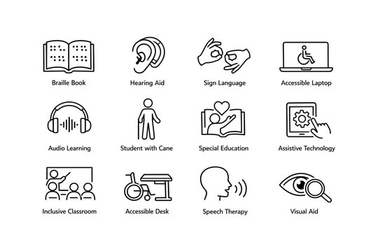 Assistive technology and accessibility icons for inclusive education