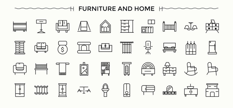 Furniture icon set. Includes thin line symbols decor, bedroom, living, lounge, bathroom, decoration, interior and more. Bedroom linear icon set. Thin icons set. Editable stroke collections.
