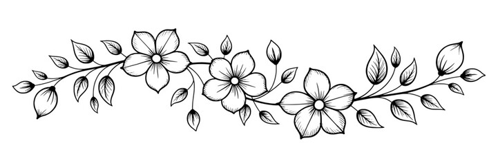 Fototapeta premium Branch floral line art border with three blooming flowers and leaves, black ink sketch botanical ornament for wedding invitations, greeting cards, logo, tattoo design
