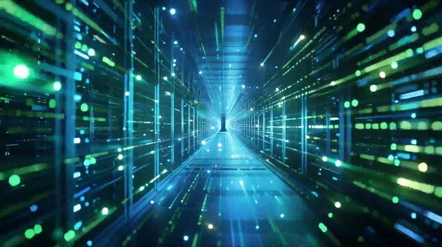 Futuristic financial data stream flowing through high-tech server room with glowing green light trails (AI Generated)