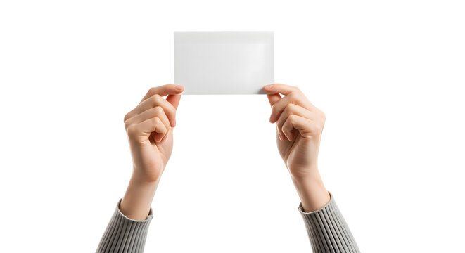 A person holding up a blank white card isolated on transparent background