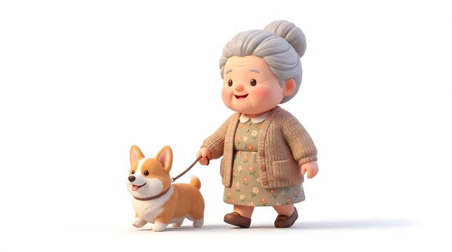 Charming 3d Illustration of a Happy Elderly Woman with Gray Hair Taking Her Adorable Corgi Dog for a Walk Showcasing Intergenerational Companionship