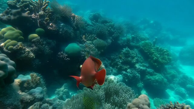 Vibrant red fish swimming through a colorful coral reef ecosystem underwater scene