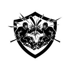 Symmetric duel rowers emblem featuring crossed oars and shield motif. © pixmastock