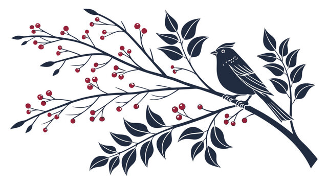 Artistic linocut illustration of a bird perched on a branch with red berries and leaves