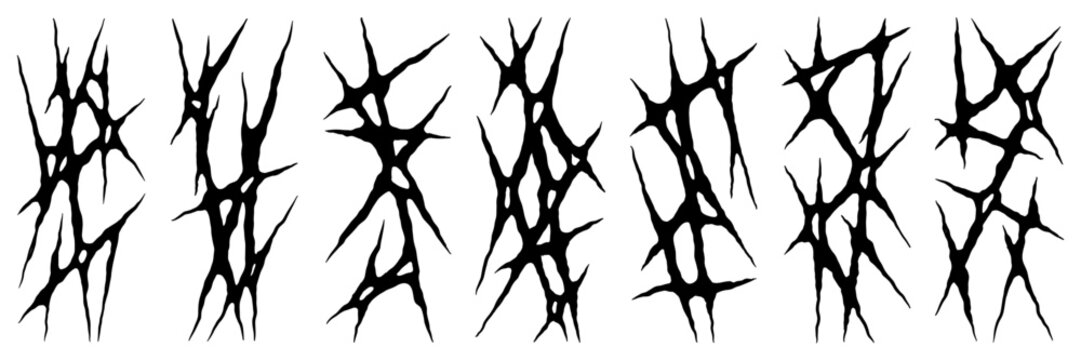 Graphic neo tribal shape asset pack. Hand drawn gothic or tattoo figures in vector for design template, poster, sticker. Isolated black elements on white background