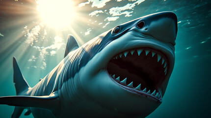 Naklejka premium Great White Shark Open Mouth Underwater Predator 