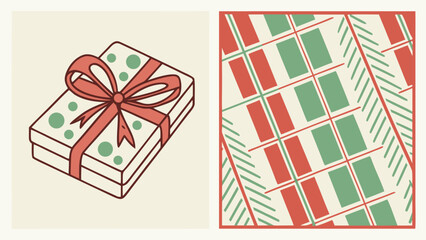 Fototapeta premium Isometric illustration of a polka dot gift box with a red bow and its matching pattern