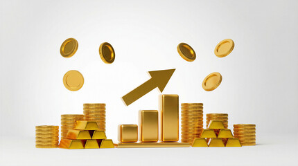 Financial Ascent: An artistic representation of financial growth, showcasing gold coins, bars, and a rising arrow, symbolizing wealth creation and market success.