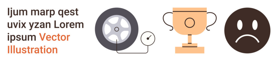 Sports competition, victory and defeat, racing, automotive strategy, reward systems, emotional responses. Circular wheel, trophy and sad face elements. Racing and victory are evident